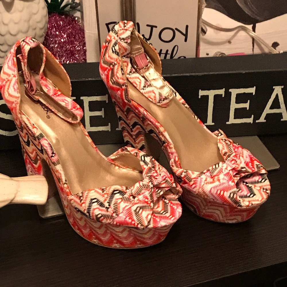 New Qupid Chevron Knitted Platform Colorful Spring Ankle Strap Heels